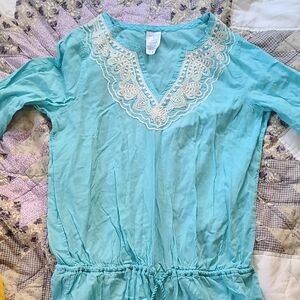Lands' End Turquoise V-Neck Tunic with Cream Lace Trim